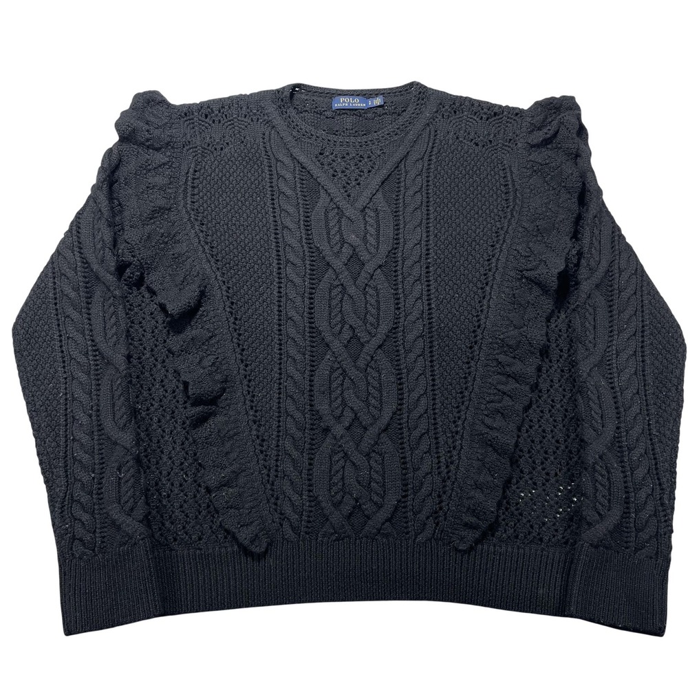 Polo Ralph Lauren Sweater Womens Small Black Merino Cable Knit Ruffle Crewneck